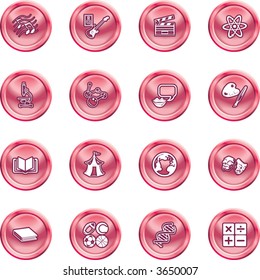 Academic study subject icons A subject category icon set eg. science, maths, language, literature, history, geography, musical, physical education etc