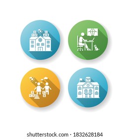 Académico estudio de diseño plano largo sombra de iconos glifos conjunto. Enfermería, guardería y escolarización en el hogar. Educación primaria y secundaria privada. Ilustraciones de color RGB de silueta
