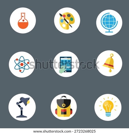 Academic subject icons, backpack and globe symbols, science and art design elements