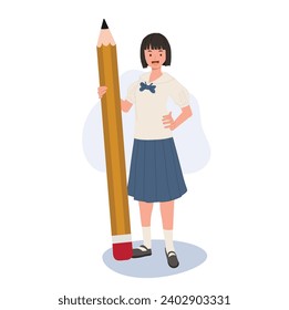 Academic Success and Cheerful Learning concept. Confident Thai Student in Uniform with Big Pencil