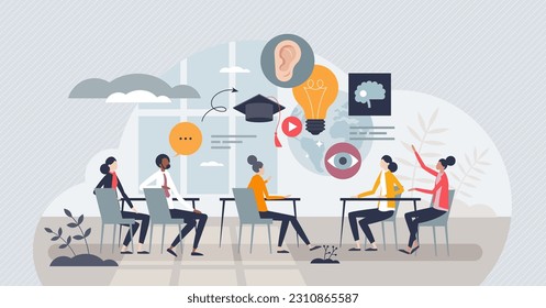 Academic training with education and knowledge learning tiny person concept. School, college or university class course for cognitive process and smart professional skills program vector illustration