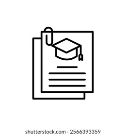 academic transcrip icon,
Graduation cap perched on academic documents, ideal for educational, commencement, success, graduation, achievements, knowledge, diploma, and learning concepts.