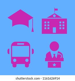 academic vector icons set. with graduation hat, university campus, public speaker and school bus in set