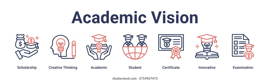 Academic Vision Banner Web-Symbol Vektorgrafik-Konzept für Bildung mit Symbol für Stipendium, Kreatives Denken, Akademisch, Student, Zertifikat, Innovativ.