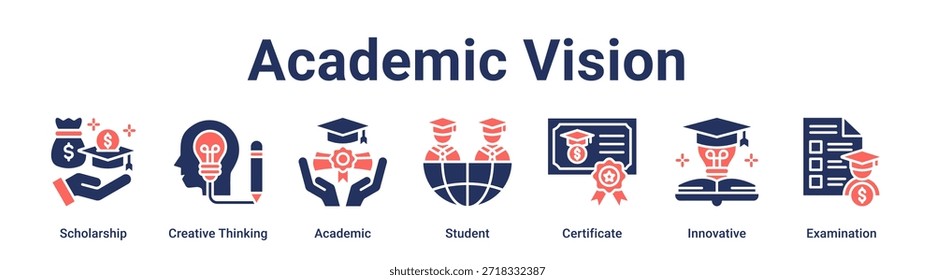 Academic Vision Banner Web-Symbol Vektorgrafik-Konzept für Bildung mit Symbol für Stipendium, Kreatives Denken, Akademisch, Student, Zertifikat, Innovativ.