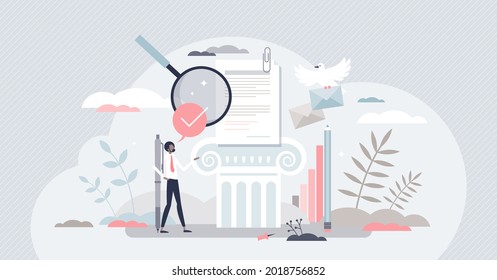 Academic writing and educational literature publishing tiny person concept. Scientific document grammar research and text reading for school graduation and wisdom development vector illustration.