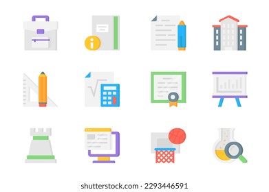 Juego de iconos 3d de la Academia. Empaquetar pictogramas planos de mochila, cuaderno, tarea, universidad, lápiz y regla, calculadora, diploma, presentación y otros. Elementos vectores para aplicaciones móviles y diseño web