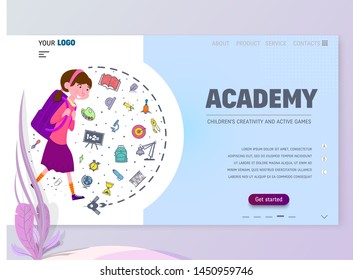 Academy for children home page template, flat style character