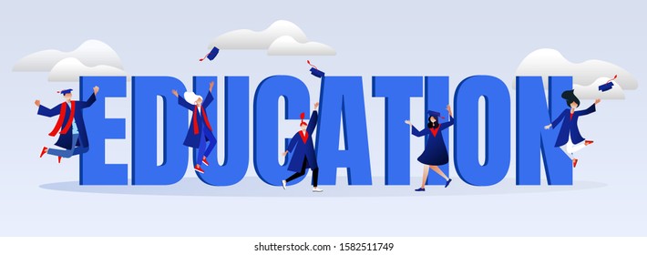 Academy Degree Student Group. Education University Motivation Typography Banner. High School Graduation Party Invitation Print Poster. Character Prom Flyer Template Flat Cartoon vector Illustration