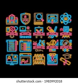 Academy Educational neon light sign vector. Glowing bright icon  Academy Building And Uniform, Book And Paper With Pen, Financial And Music Lessons Illustrations