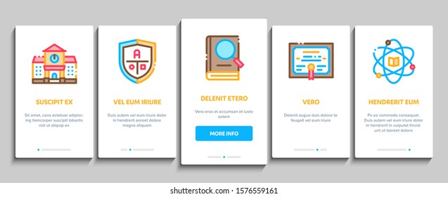 Academy Educational Onboarding Mobile App Page Screen. Academy Building And Uniform, Book And Paper With Pen, Financial And Music Lessons Illustrations