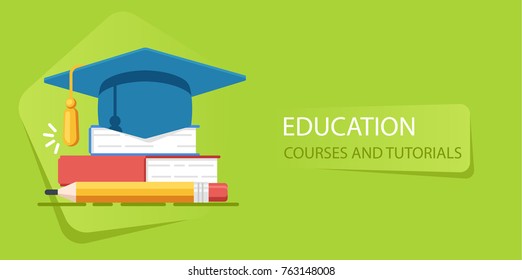 Academy Hat, Heap Of Books, University Education, Study Of School Flat Vector Illustration