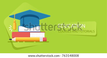Academy hat, heap of books, university education, study of school flat vector illustration