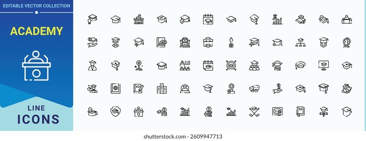 Academy icon collection. Containing learning, study, school, education, university, student, knowledge and more. Graduation icon set in linear style. Editable stroke collections.