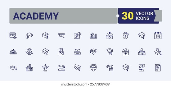 Academy icon set. Contains such icons as teaching, test, idea, bus, graphic, degree, education and more. Outline symbol collection. Vector outline and solid icons collection.