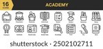 Academy icon set. Includes academy, moderator, online book, pencil box, knowledge, and More. Outline icons vector collection.