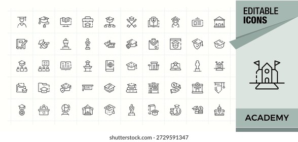 Conjunto de iconos de la academia. moderador, libro en línea, caja de lápiz, conocimiento. Incluido estudiante, universidad, educación, aprender, escuela. Colecciones de trazo editables. Conjunto de iconos de Vector de conocimiento.