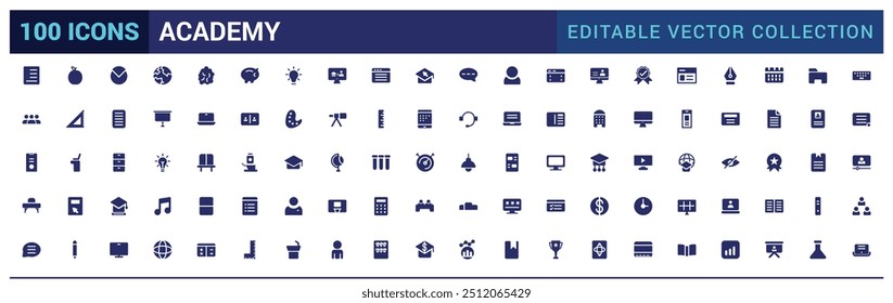 Conjunto de ícones da academia. Design do logotipo da escola. Modelo do emblema da universidade. Conjunto de ícones preenchido, conjunto de ícones de glifo para Web e interface do usuário. Traçado editável. Ícone sólido definido. Ilustração vetorial.