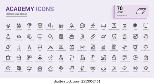 Academy icon set. University emblem template. Outline icon collection, line icon set for web and ui with icon name. Editable stroke. Vector illustration.
