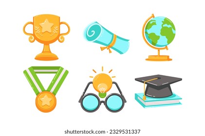 Academy Icon Set. Vector color icons. Contains a globe, trophy, graduation cap, certificate, light idea, glasses and medal. You can use for your website and social media