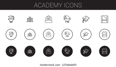 academy icons set. Collection of academy with graduate, university, cap, student, graduation, toga. Editable and scalable academy icons.