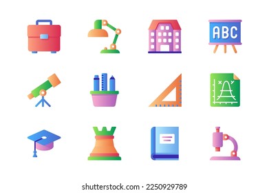 Academy icons set in color flat design. Pack of briefcase, table lamp, university building, chalkboard, telescope, stationery, graduation hat and other. Vector pictograms for web sites and mobile app