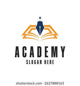academy logo design concept idea with book and pen