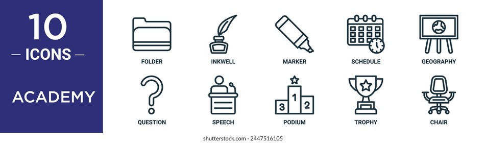 academy outline icon set includes thin line folder, inkwell, marker, schedule, geography, question, speech icons for report, presentation, diagram, web design