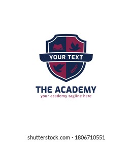Academy school course logo with shield, eagle, wreath, and book icon symbol badge vector