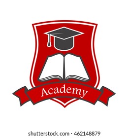 Academy Shield Emblem Design With Book, Graduation Cap And Red Ribbon. Vector Crest Icon For University, College, School. Education And Study Graphic Illustration.