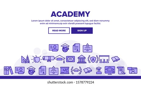 Academy Study Landing Web Page Header Banner Template Vector. Graduation Cap And Diploma, College Building And Online Education In Academy Illustration