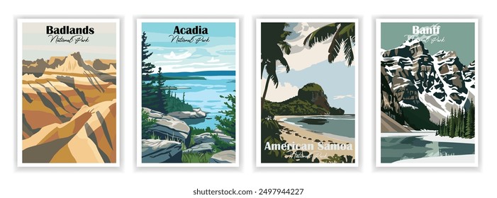 Acadia, Samoa Americana, Badlands, Banff, Parque Nacional. Conjunto de carteles de viaje de Antiguas, viaje Abstractas, Ilustración vectorial