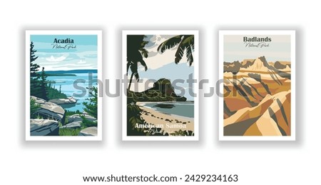 Acadia, National Park. American Samoa, National Park. Badlands, National Park - Vintage travel poster. Vector illustration. High quality prints