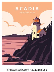Acadia National Park Background. Flat Cartoon Vector Illustration in Colored Style.
