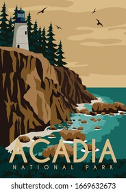 Acadia National Park Background. Travel to Maine East Coast United States. Flat Cartoon Vector Illustration in Colored Style.