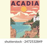 Acadia national park graphic print t shirt design. Acadia vintage artwork. 