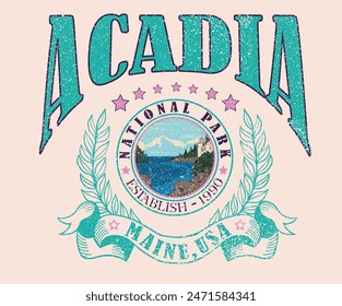 Diseño de camiseta con estampado gráfico del Parque Nacional Acadia. Arte de Maine. Obra de arte vintage Acadia.