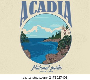 Acadia national park graphic print t shirt design. Acadia vintage artwork. Mountain with hidden house. Ocean graphic print design.