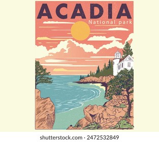 Diseño de camiseta con estampado gráfico del Parque Nacional Acadia. Obra de arte vintage Acadia. 