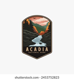 Acadia National Park logo patch badge illustration, beautiful River valley scenery vector design