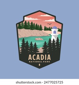 diseño de la Ilustración vectorial del logotipo del parche del parque nacional de acadia, estilo del emblema del Lugar famoso de maine