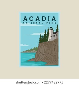 acadia national park poster vector illustration template graphic design. lighthouse at beach banner for travel business or environment concept with seascape