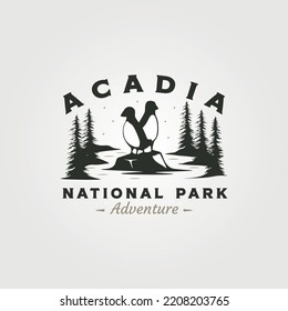 acadia national park vintage logo vector symbol illustration design, puffin on the stone symbol