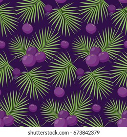 Acai berries vector seamless pattern, Flat design of superfood or healthy eating wallpaper isolated on the dark background, cute vector illustration with reflections