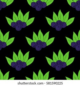 Acai berry branch, leaves superfood hand drawn sketch illustration in color. Seamless pattern.