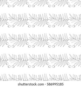 Acai berry branch, leaves superfood hand drawn sketch illustration. Seamless pattern.