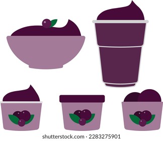 Acai berry, açaí, açai brazilian fruit ice cream in cup and pot. Colorful vector illustraion icon set.