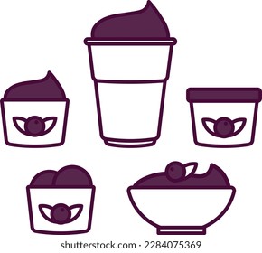 Berry de Acai, açaí, helado de fruta brasileño en taza y olla. Icono de iluminación de vector colorido con contorno.