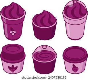  : Acai berry, açaí, açai brazilian fruit ice cream in cup and pot. Colorful vector illustraion icon set