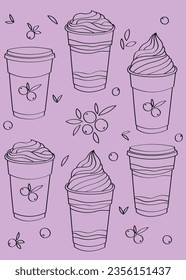 Acai, açaí berry brazilian ice cream in plastic cup. Black line drawing vector illustration set.